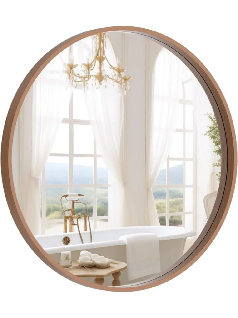 24-Inch Round Wood Frame Mirror for Bathroom, Vanity, Entryway & Living Room